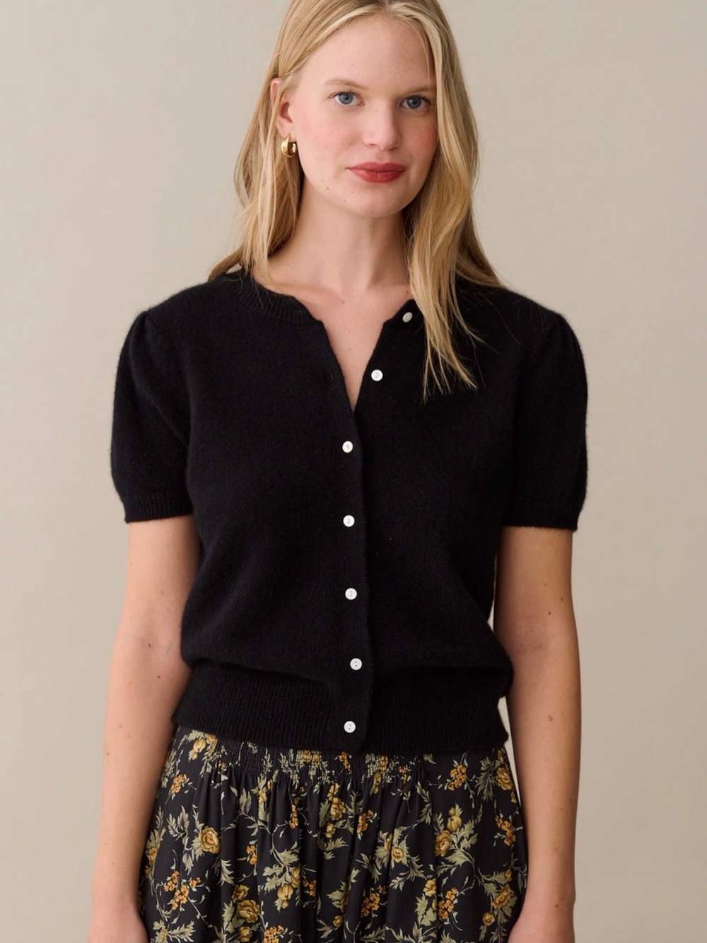 Edie Cashmere Short-Sleeve Black Button-Front Cardigan Sweater